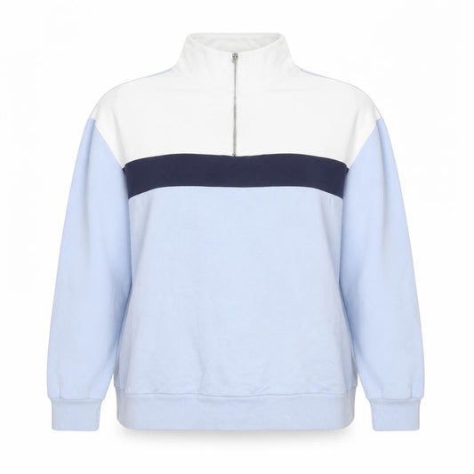 Front view of New Look women’s blue cotton pullover sweatshirt, size UK 12, pullover