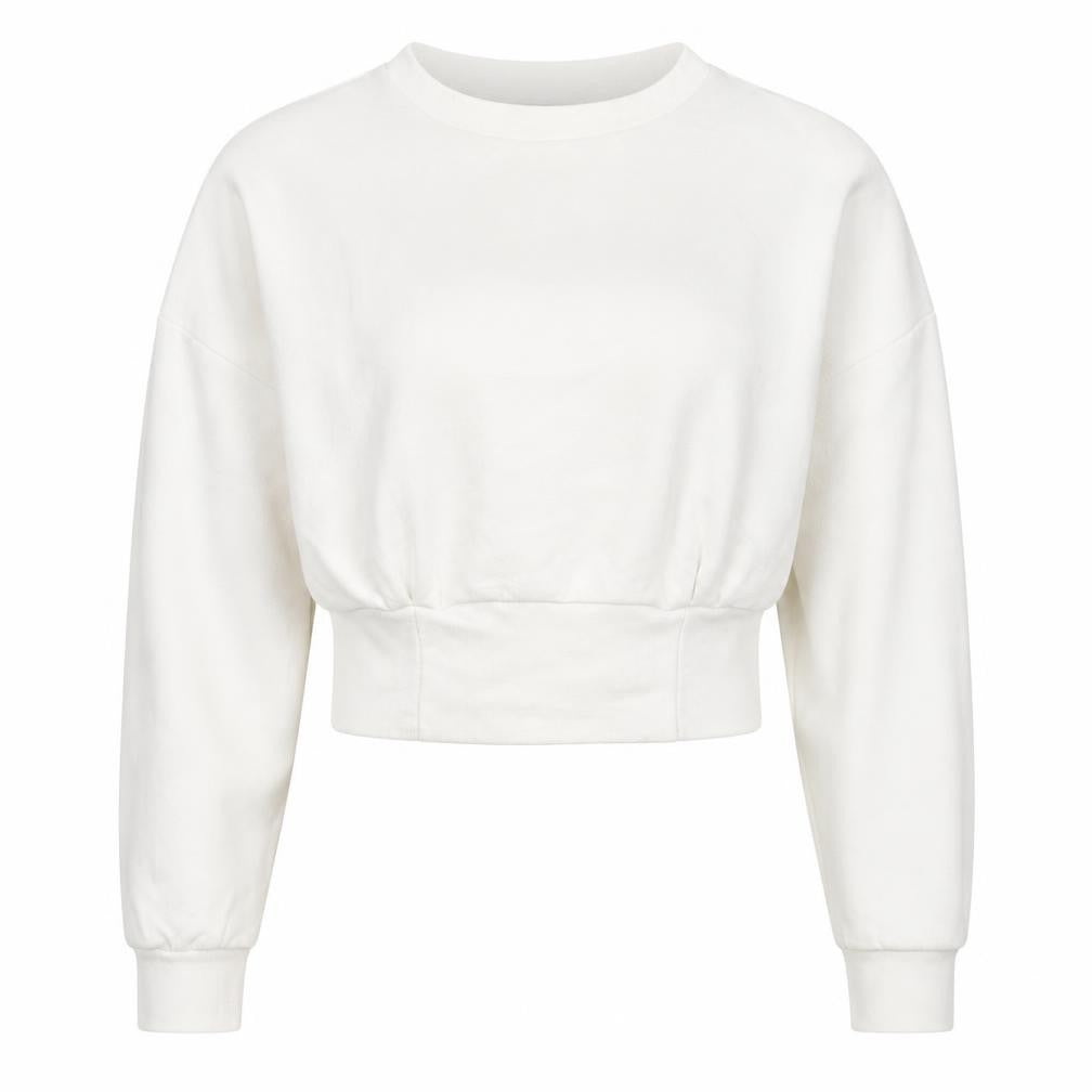 Front view of Boohoo women’s white cotton pullover hoodie, size UK 10, pullover