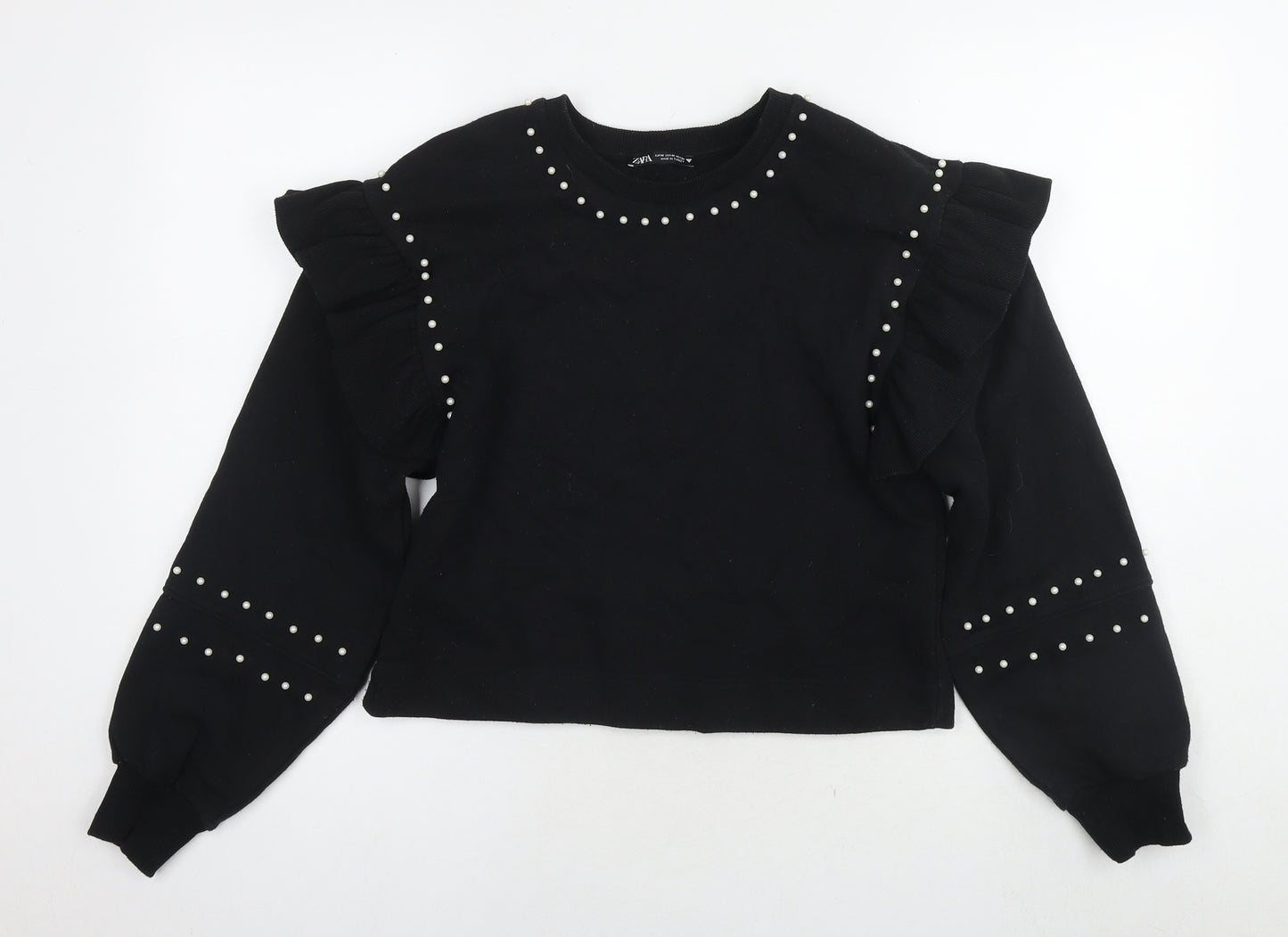 Zara Womens Black Cotton Pullover Sweatshirt Size M Pullover - Pearl Detail