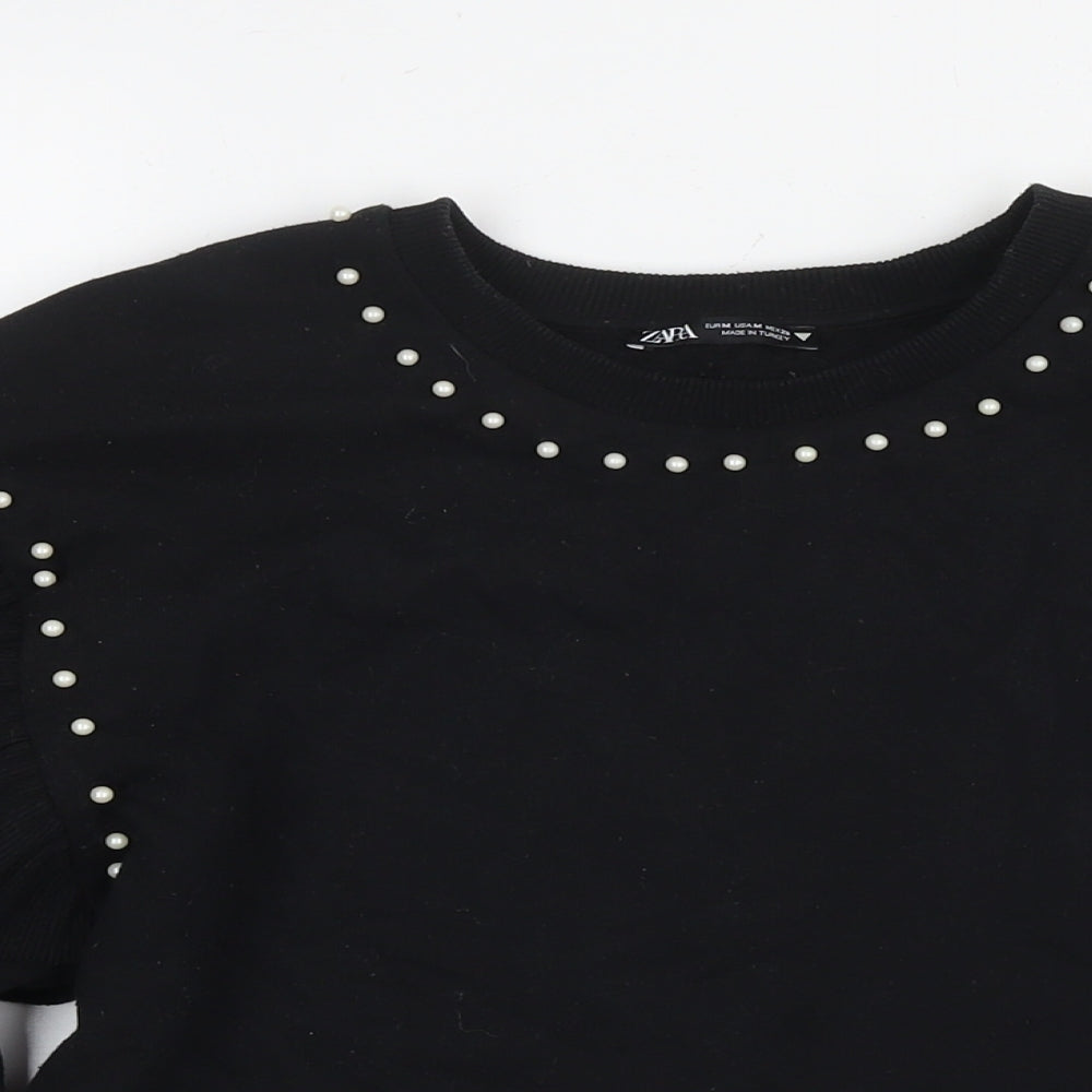 Zara Womens Black Cotton Pullover Sweatshirt Size M Pullover - Pearl Detail