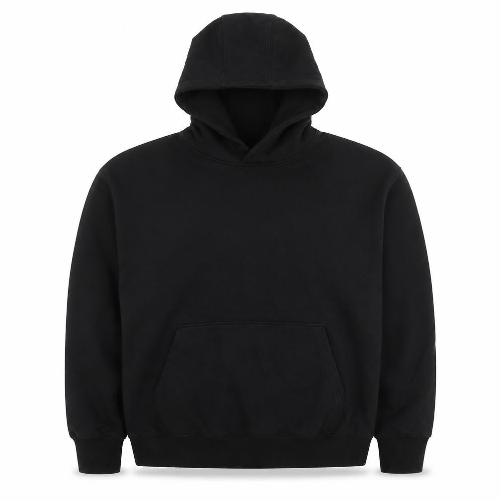 Front view of Topman men’s black cotton pullover hoodie, size L