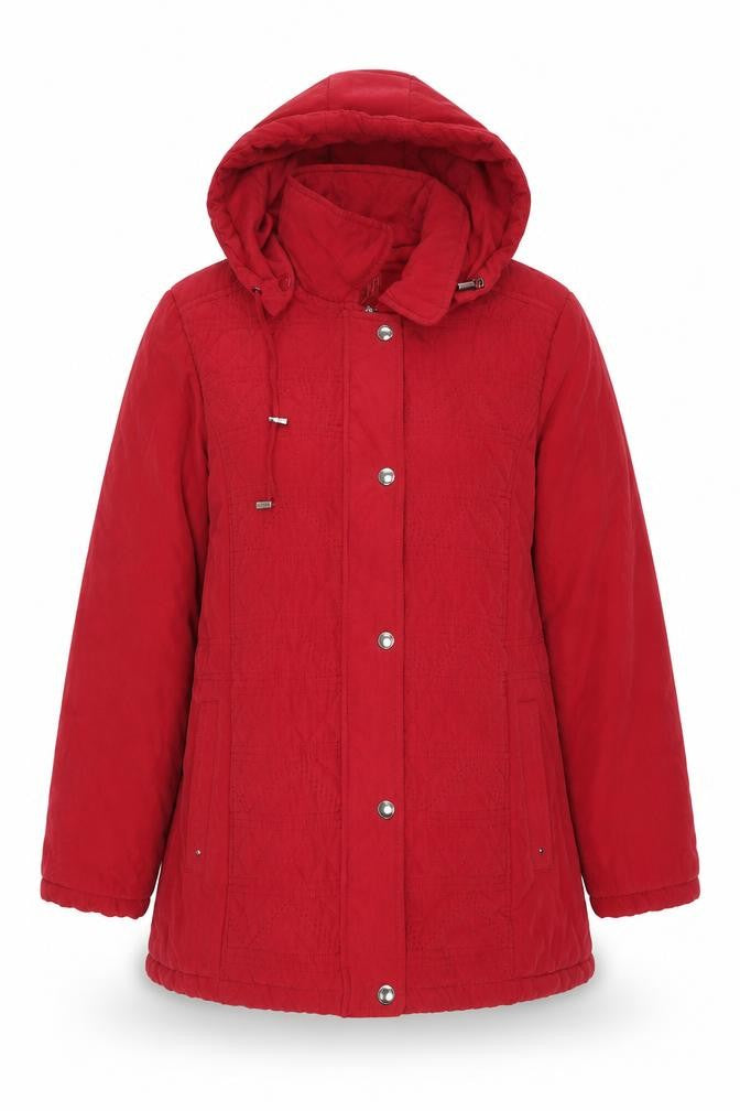 Front view of Finesse women’s red parka coat, size UK 20, zip