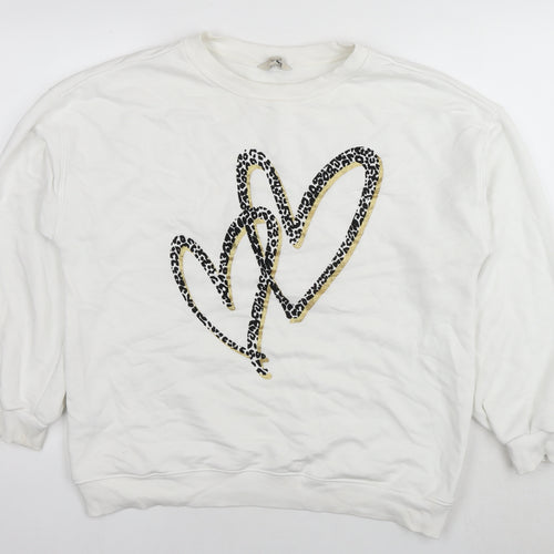 New Look Womens White Cotton Pullover Sweatshirt Size L Pullover - Leopard detail Heart