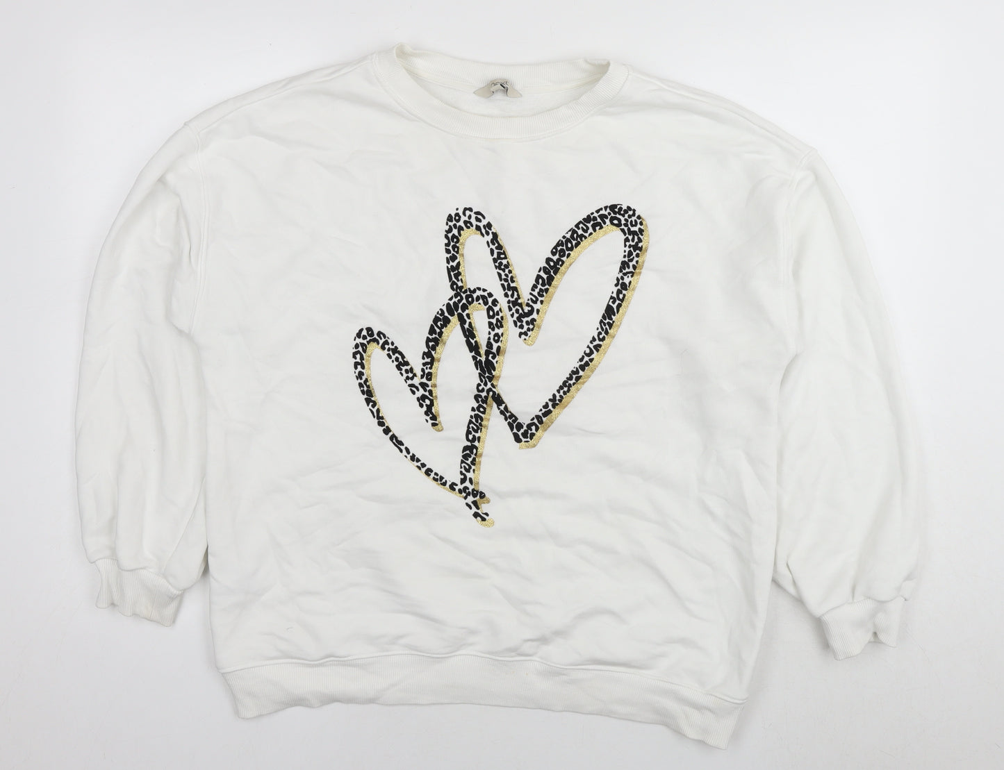 New Look Womens White Cotton Pullover Sweatshirt Size L Pullover - Leopard detail Heart