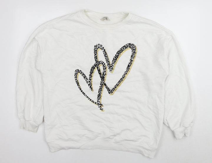 New Look Womens White Cotton Pullover Sweatshirt Size L Pullover - Leopard detail Heart