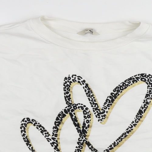 New Look Womens White Cotton Pullover Sweatshirt Size L Pullover - Leopard detail Heart