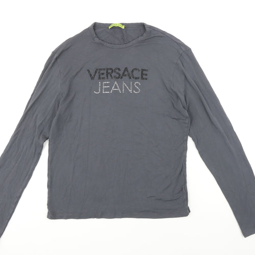 Versace Jeans Womens Grey Herringbone Viscose Basic T-Shirt Size 16 Round Neck