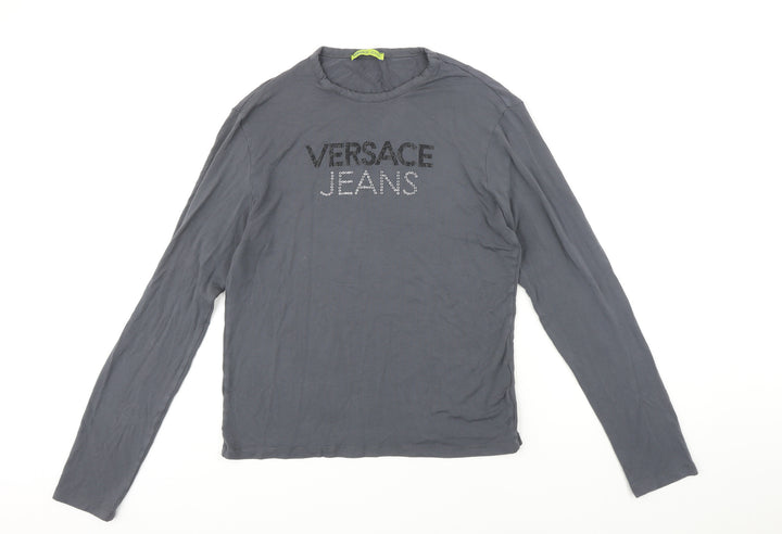 Versace Jeans Womens Grey Herringbone Viscose Basic T-Shirt Size 16 Round Neck