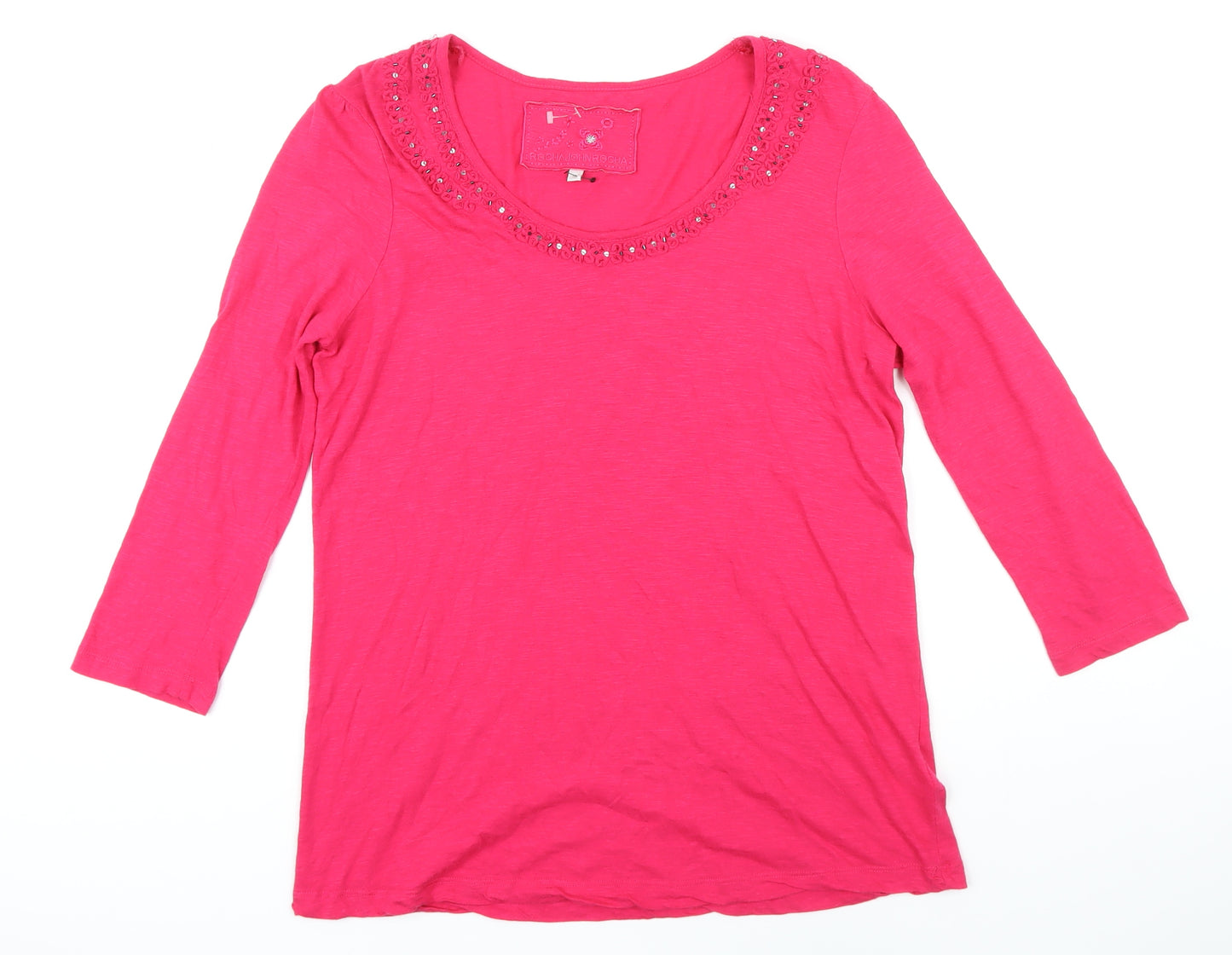 Rocha John Rocha Womens Pink Herringbone Modal Basic T-Shirt Size 16 Scoop Neck - Sequin detail neckline