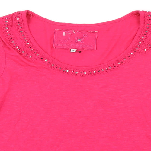 Rocha John Rocha Womens Pink Herringbone Modal Basic T-Shirt Size 16 Scoop Neck - Sequin detail neckline