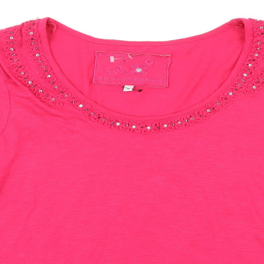 Rocha John Rocha Womens Pink Herringbone Modal Basic T-Shirt Size 16 Scoop Neck - Sequin detail neckline