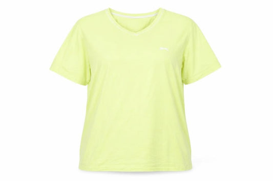 Front view of Slazenger women’s yellow 100% cotton basic t-shirt, size 2XL, v-neck