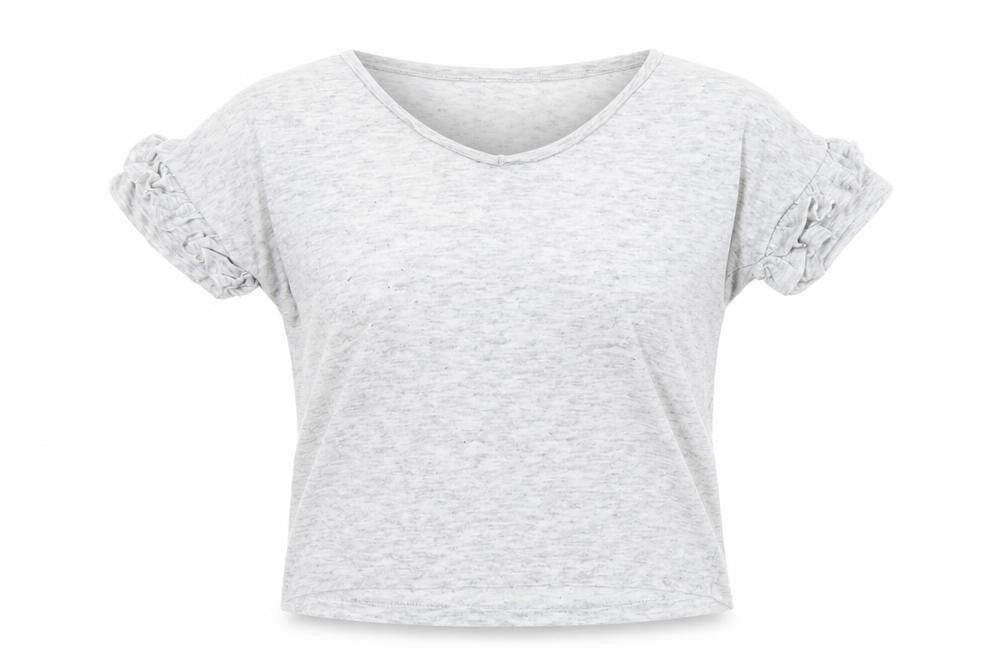 Front view of Savannah Miller women’s grey polyester basic t-shirt, size UK 8, boat neck
