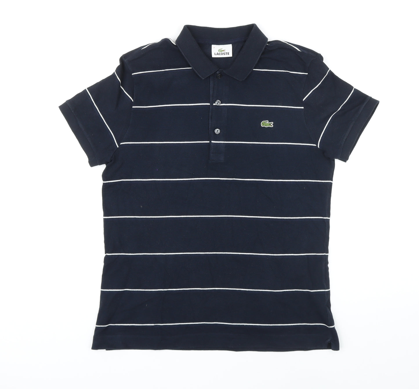 Lacoste Mens Blue Striped Cotton Polo Size S Collared Button