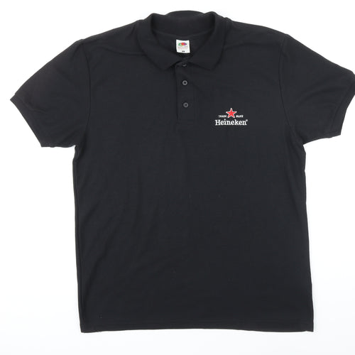 Fruit of the Loom Mens Black Cotton Polo Size L Collared Button - Heineken