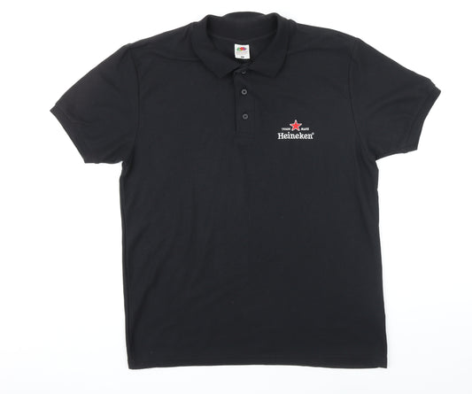 Fruit of the Loom Mens Black Cotton Polo Size L Collared Button - Heineken