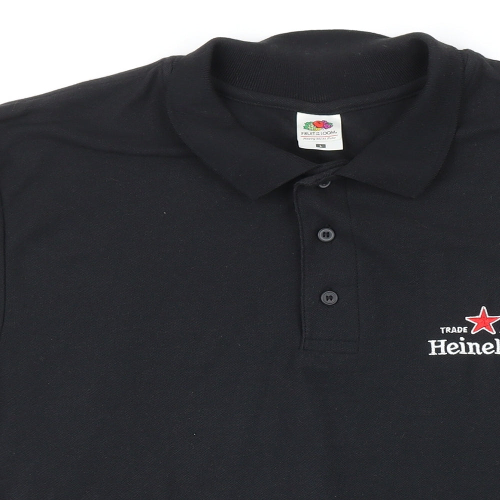 Fruit of the Loom Mens Black Cotton Polo Size L Collared Button - Heineken