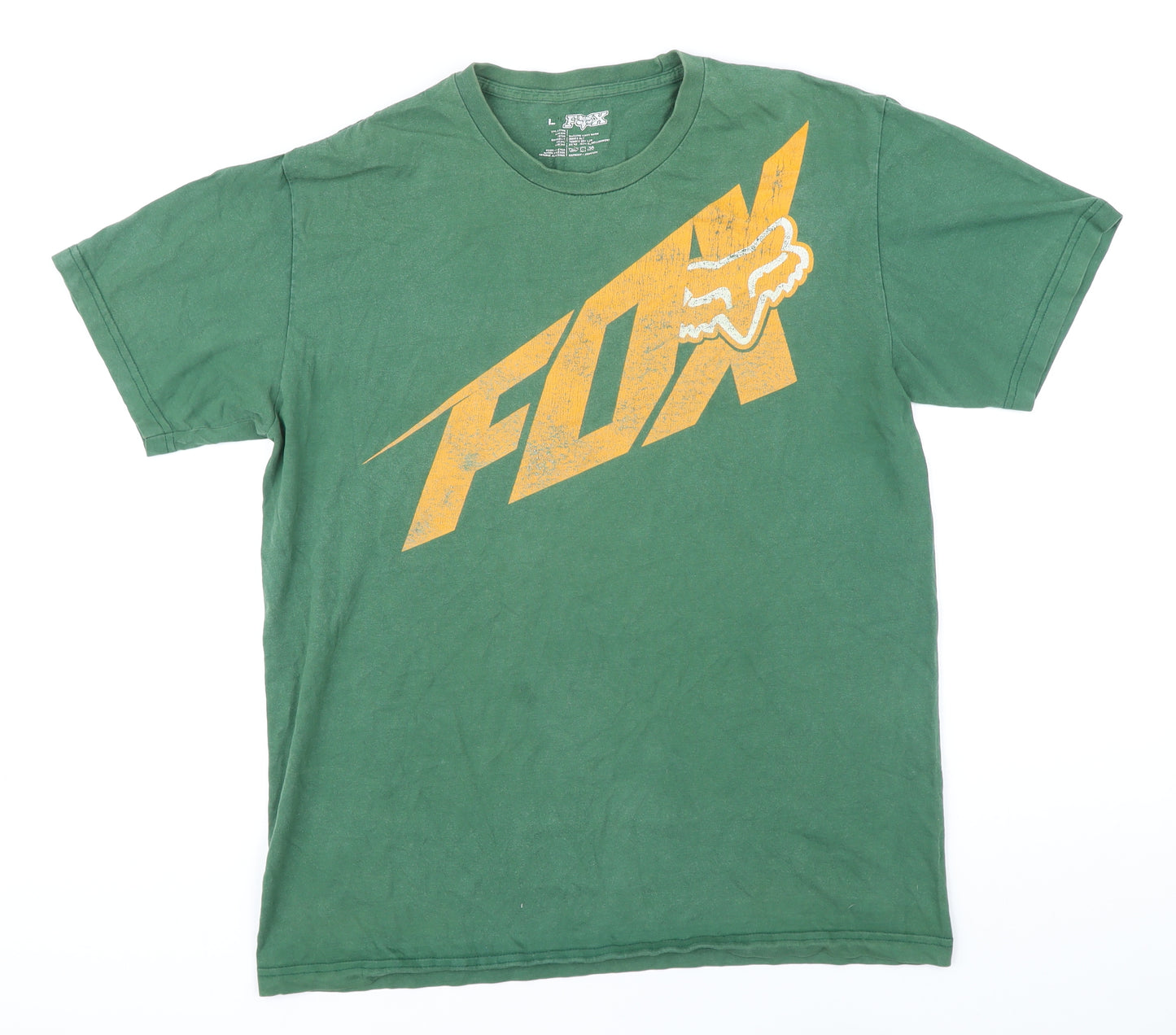 Fox Mens Green Cotton T-Shirt Size L Round Neck