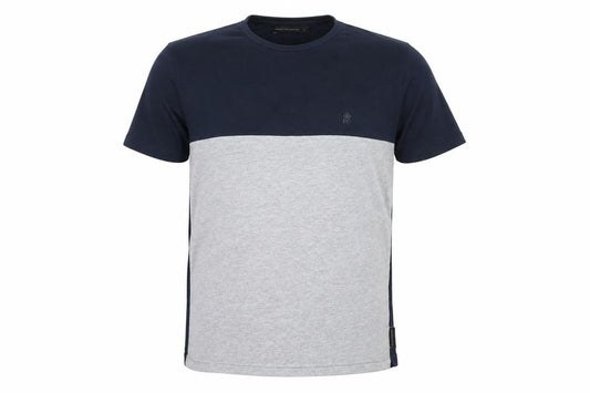 Front view of French Connection men’s multicoloured colourblock cotton t-shirt, size L, round neck