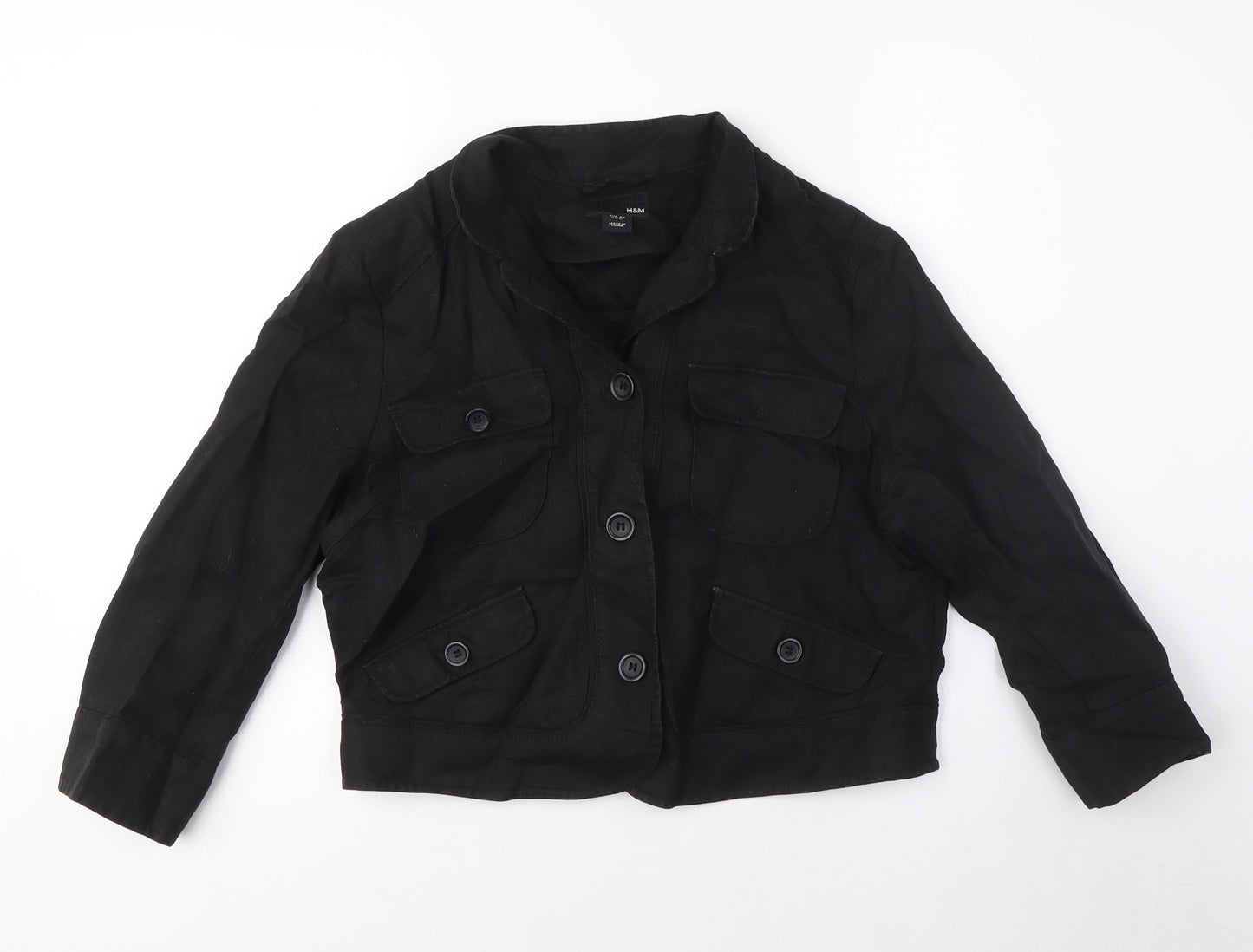 H&M Women's Black Cropped Jacket, Size UK 4, Linen