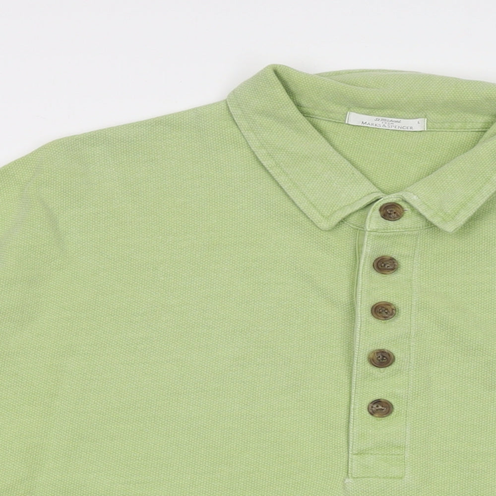 Marks and Spencer Mens Green Cotton Polo Size L Collared Pullover