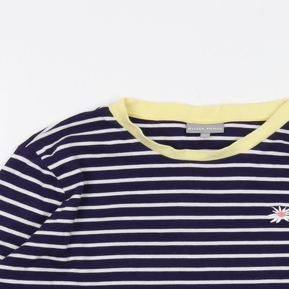 Oliver Bonas Womens Blue Striped Cotton Basic T-Shirt Size 10 Crew Neck