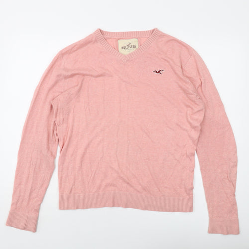 Hollister Mens Pink V-Neck Cotton Pullover Jumper Size M Long Sleeve