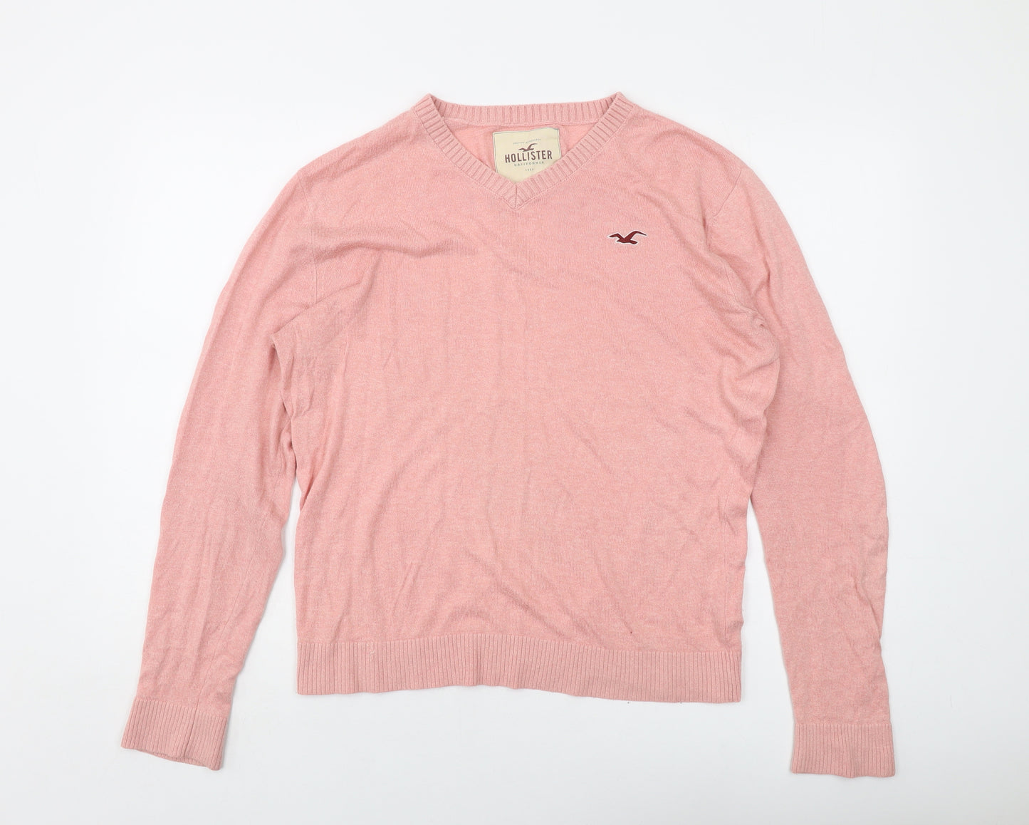 Hollister Mens Pink V-Neck Cotton Pullover Jumper Size M Long Sleeve