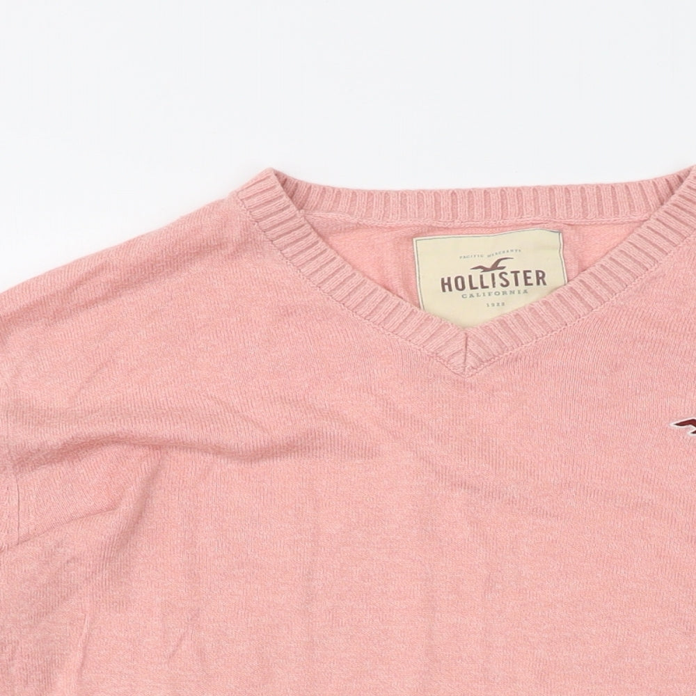 Hollister Mens Pink V-Neck Cotton Pullover Jumper Size M Long Sleeve