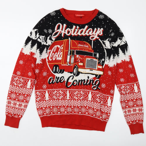 Coca-Cola Mens Red Round Neck Geometric Cotton Pullover Jumper Size M Long Sleeve - Christmas Jumper
