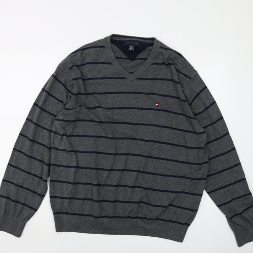 Tommy Hilfiger Mens Grey V-Neck Striped Cotton Pullover Jumper Size XL Long Sleeve