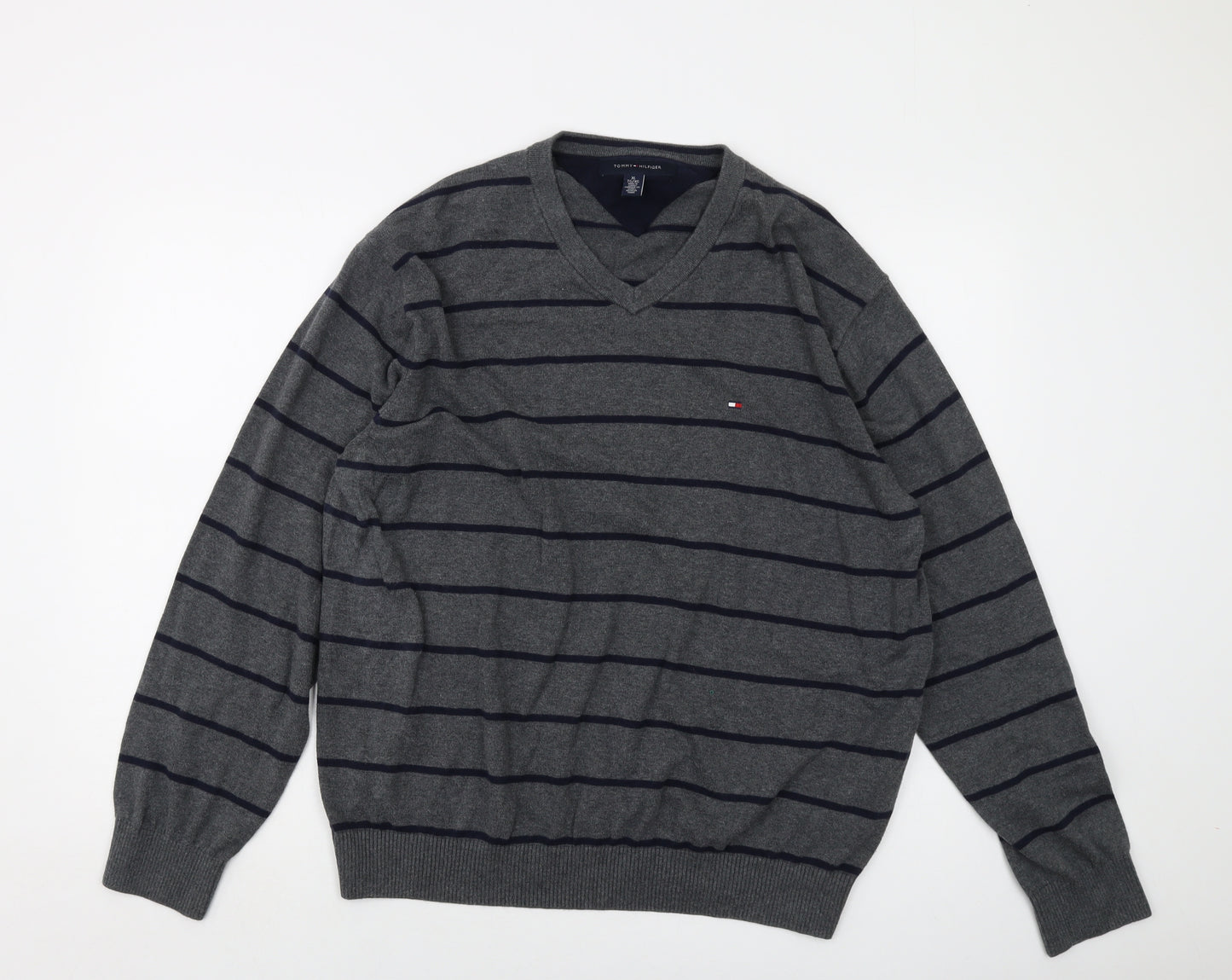 Tommy Hilfiger Mens Grey V-Neck Striped Cotton Pullover Jumper Size XL Long Sleeve