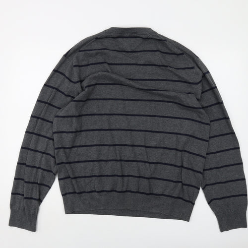 Tommy Hilfiger Mens Grey V-Neck Striped Cotton Pullover Jumper Size XL Long Sleeve