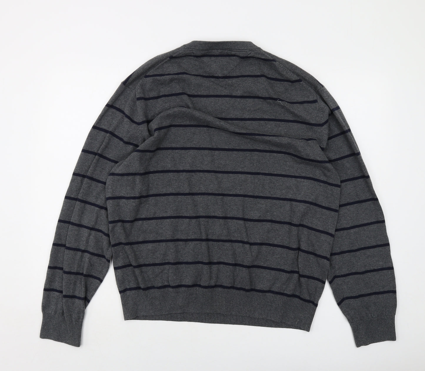 Tommy Hilfiger Mens Grey V-Neck Striped Cotton Pullover Jumper Size XL Long Sleeve