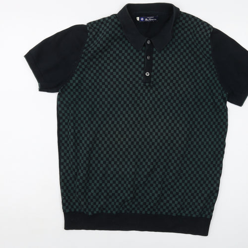 Ben Sherman Mens Green Collared Check Cotton Pullover Jumper Size M Short Sleeve