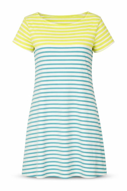 Front view of Lily & Me women’s multicoloured striped cotton t-shirt dress, size UK 12, round neck pullover