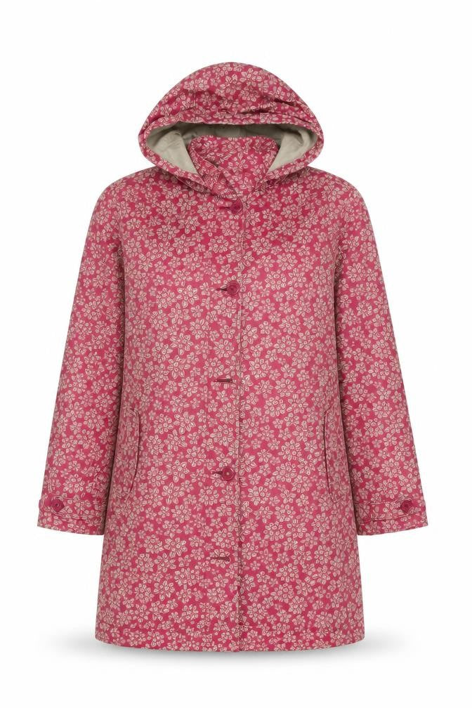 Front view of Tin Cloth women’s pink floral overcoat coat, size UK 14, button