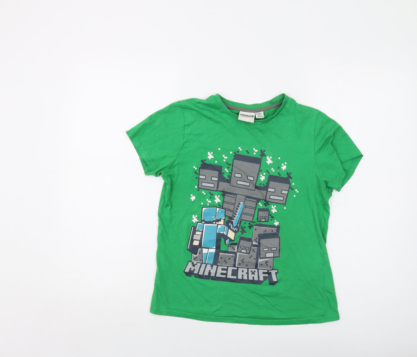 Minecraft Boys Green Cotton Basic T-Shirt Size 11-12 Years Crew Neck Pullover