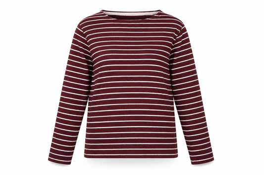Front view of John Lewis women’s red striped cotton basic t-shirt, size L, round neck - vintage