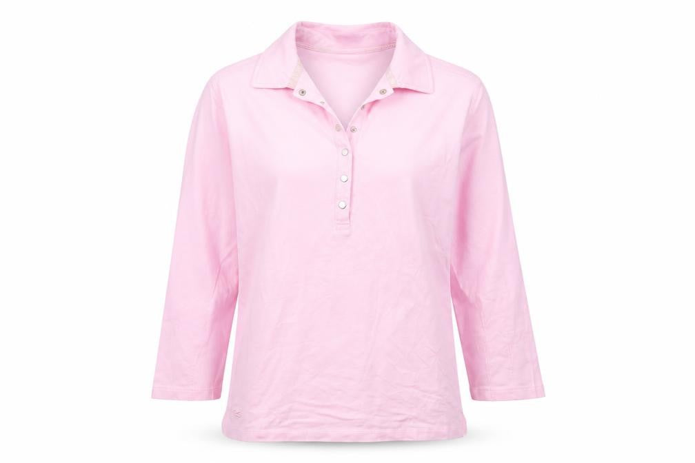 Front view of Rohnisch women’s pink cotton basic t-shirt, size L, collared