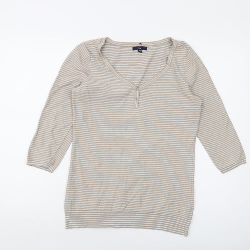 Gap Womens Beige V-Neck Striped Cotton Pullover Jumper Size M