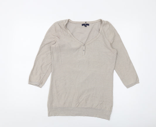 Gap Womens Beige V-Neck Striped Cotton Pullover Jumper Size M