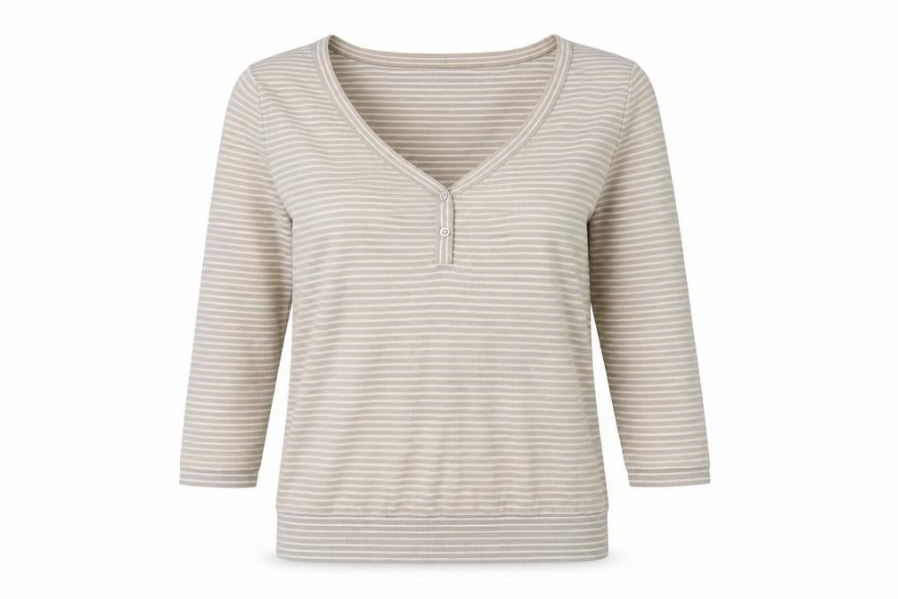 Front view of Gap women’s beige v-neck striped cotton jumper, size M
