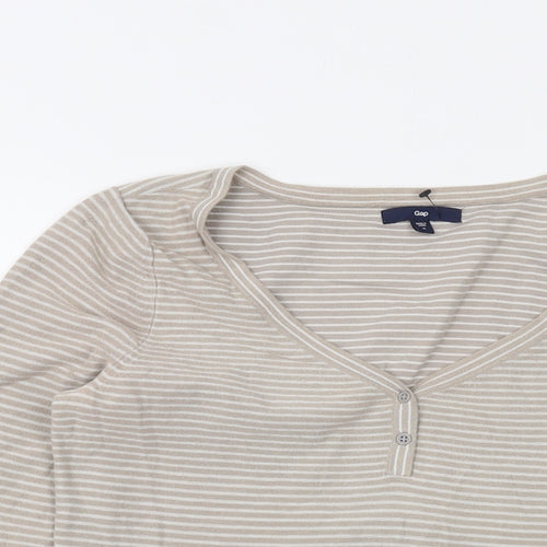 Gap Womens Beige V-Neck Striped Cotton Pullover Jumper Size M