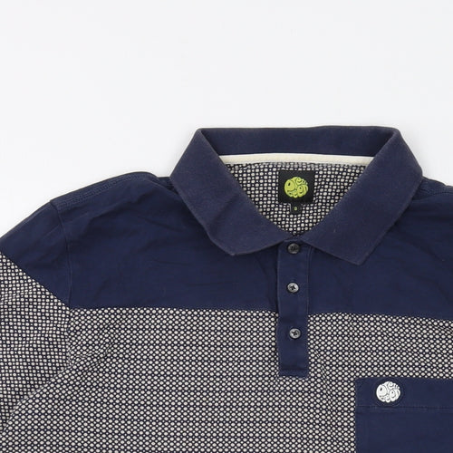 Pretty Green Mens Blue Geometric Cotton Polo Size S Collared Button