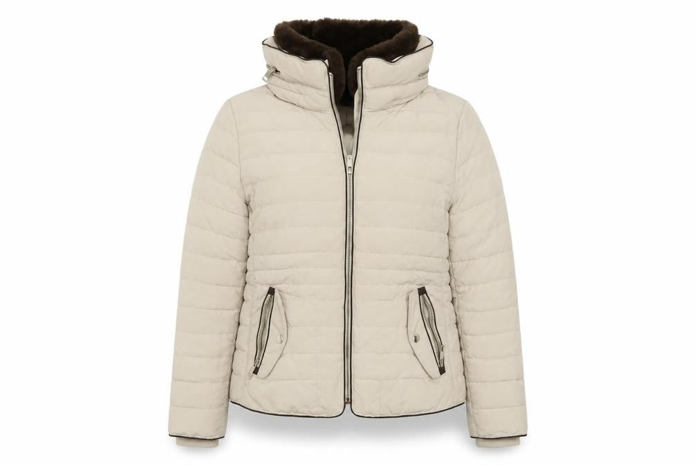 Front view of Marks & Spencer women’s beige jacket, size UK 14, zip