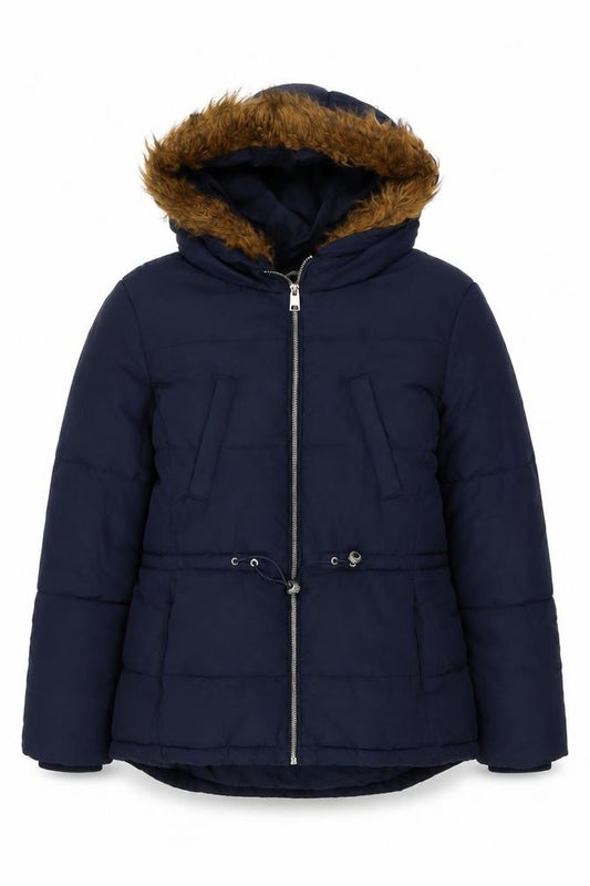 Front view of H&M women’s blue jacket, size UK 14, zip