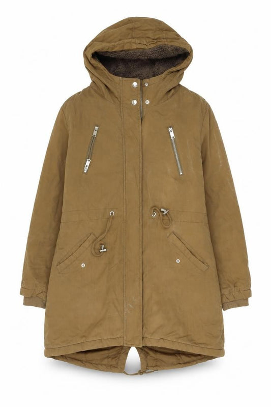 Front view of New Look women’s beige parka jacket, size UK 12, zip