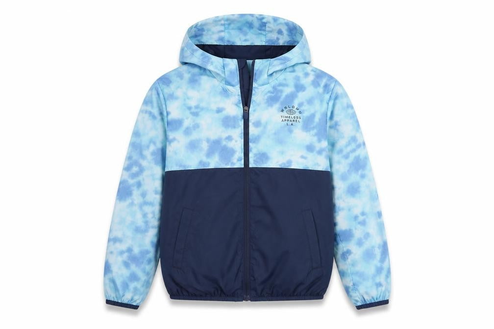 Front view of H&M boys’ blue jacket, size 10-11, years zip