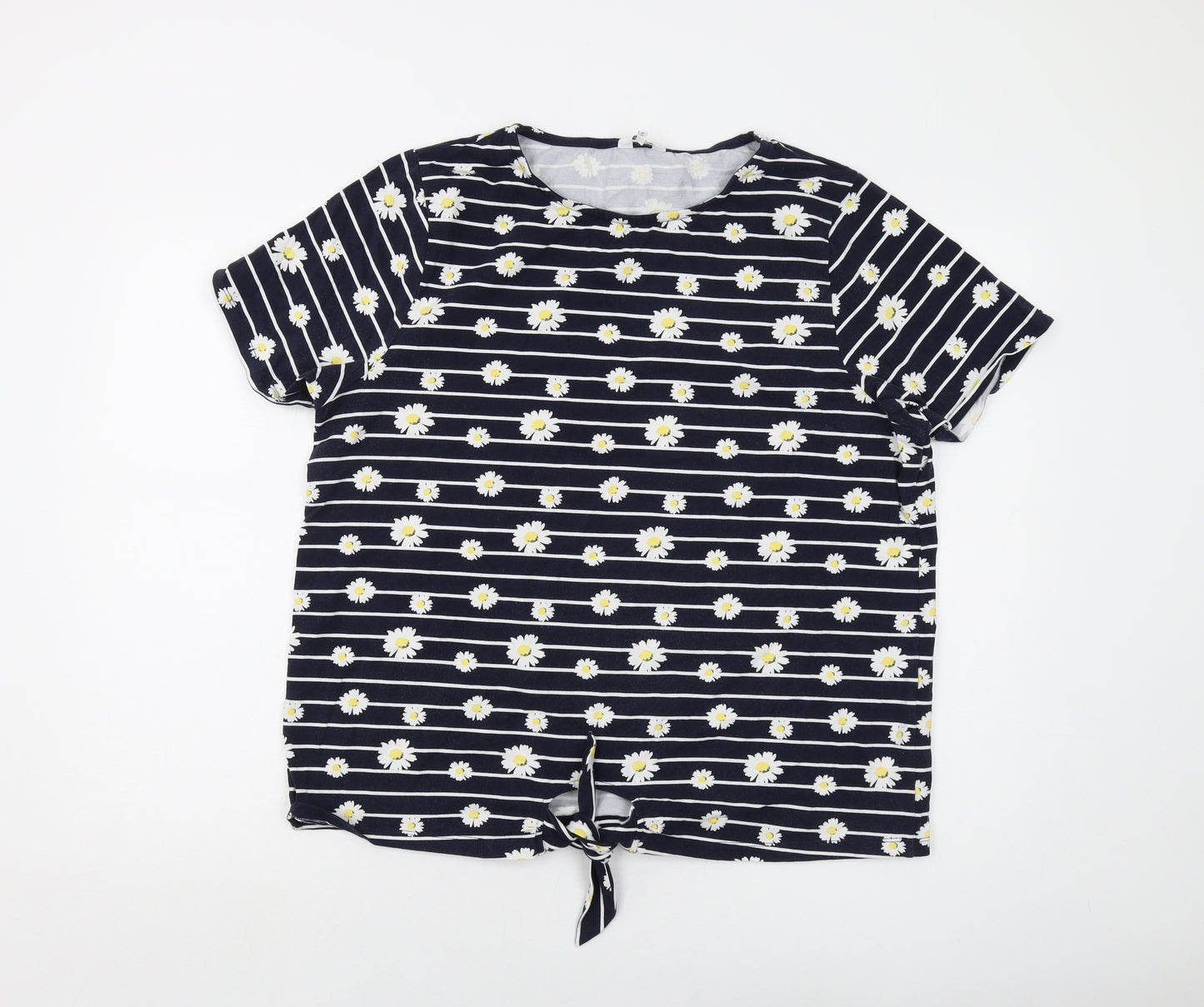 Cotton Traders Womens Blue Floral Cotton Basic T-Shirt Size 20 Round Neck